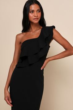 A chic-meets-elegant look is easy to achieve in the Lulus Grand Beauty Black Ruffled One-Shoulder Mermaid Maxi Dress! Stretchy, medium-weight crepe knit shapes this stylish gown with a tiered, ruffled one-shoulder sleeve that creates an asymmetrical neckline and then carries into the darted bodice. High, fitted waist flows into a figure-flaunting maxi skirt finished with a flaring, mermaid hem. Hidden side zipper/clasp. Fit: This garment fits true to size. Length: Floor length. Size medium measu Elegant Fitted One Shoulder Dress With Ruffles, Off-shoulder Flirty Bodycon Dress For Formal Occasions, Elegant Bodycon One-shoulder Dress For Date Night, Elegant Fitted One-shoulder Dress With Ruffles, Elegant Fitted One Shoulder Dress For Date Night, Elegant Off-shoulder Mini Dress For Brunch, Chic One Shoulder Bodycon Dress For Brunch, Chic One-shoulder Bodycon Dress For Brunch, One Shoulder Ruffled Bodycon Evening Dress