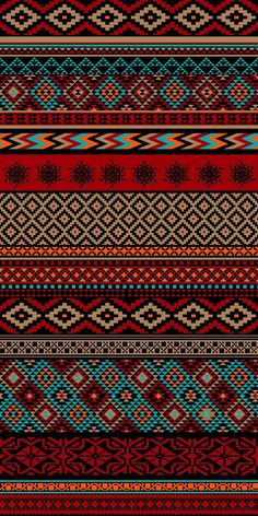 a red, blue and brown pattern with many different designs on it's sides