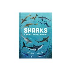 a book cover with sharks in the ocean and other fish swimming around it's surface