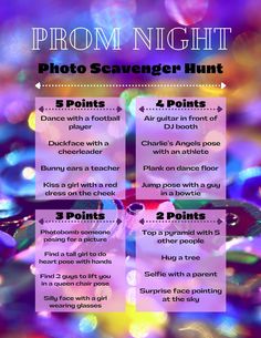 a poster with the text prom night photo scavenger hunt in purple and blue