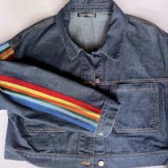 Honey Punch Denim Jacket Jean Jacket Cropped Cropped Jean Jacket Womens Size M Medium Nwot New Without Tag Knit Inset On Sleeves Rainbow Stripes Festival Ready Parade Ready Spread Collar Button Placket Dropped Shoulders Sold Out On Line Rainbow Stripes On Sleeves Festival Concert Parade Pride Month Fest Wear Fill A Box! Bundle To Save! Send An Offer! From A Smoke Free Home Trendy Rainbow Outerwear For Fall, Trendy Rainbow Long Sleeve Outerwear, Trendy Multicolor Long Sleeve Denim Jacket, Trendy Rainbow Outerwear For Spring, Multicolor Denim Jacket With Pockets For Fall, Blue Cotton Cropped Jacket For Fall, Casual Cotton Rainbow Outerwear, Casual Rainbow Cotton Outerwear, Casual Rainbow Outerwear For Fall