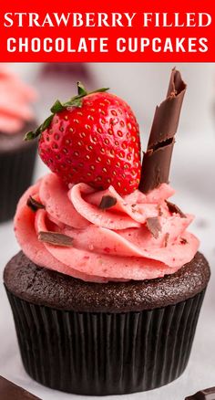 strawberry filled chocolate cupcakes with pink frosting