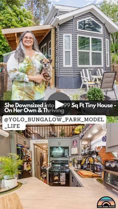 a woman standing in front of a house with an open kitchen and living room on the other side