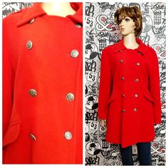 "Christmas Gift Double Breasted coat for women coat midi coat wool coat winter coat Warm coat red Coat Casual Coat retro Coat cozy coat L height of the woman in the photo - 180 cm Made in U.K. 75% WOOL, 25%nylon Lining 100% polyester Please refer to photos for details of condition. Condition: used, signs of age and wear see pictures Measurements: Length: 83 cm/32.7 \" Sleeve : 56 cm/ 22\" Shoulder to shoulder: 45\" /17.7cm Bust: 110 cm/ 43.3 \" Waist 102 cm/ 40.2\" Hips:104 cm/ 40.6 \" Tag Size Retro Winter Outerwear With Button Closure, Retro Fall Pea Coat With Button Closure, Red Wool Coat With Buttons For Fall, Vintage Wool Coat For Work, Red Wool Coat With Buttons For Winter, Vintage Wool Coat With Pockets, Vintage Winter Outerwear With Buttons, Retro Wool Outerwear For Winter, Red Single Breasted Pea Coat For Winter