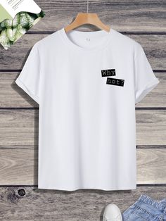 White Casual  Short Sleeve Polyester Slogan  Embellished Slight Stretch Summer Men Tops Statement Shirts, Slogan Graphic Tee, Round Neck Shirt, Statement Shirt, Men Tops, White Casual, Mens Graphic Tee