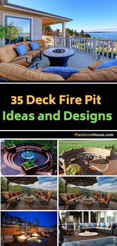 an outdoor deck with fire pit and seating area