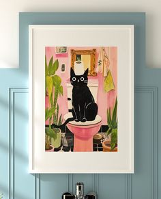 a black cat sitting on top of a toilet in a bathroom next to potted plants