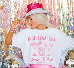 a woman wearing a t - shirt that says in my legal era, social club