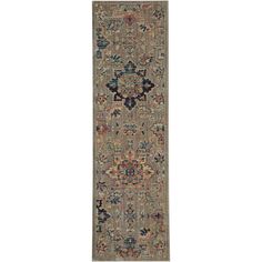 a long rug with an ornate design on the bottom and sides, in grey tones