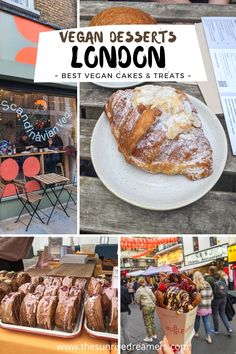 a collage of different desserts and pastries on display at an outdoor market