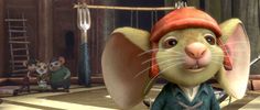 a cartoon mouse wearing a red hat and standing in front of other animated characters, including mice