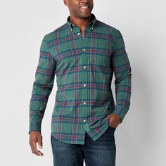 A plaid button-down shirt is a men's wardrobe essential that's seasonless, so add this St. John's Bay big and tall style to your rotation. Cut for a slim-fit, it's made from a stretch cotton-poplin with a button-down collar, chest slip pocket, long sleeves, and button cuffs. Wear it with everything from jeans to dress pants.Features: Stretch FabricClosure Type: ButtonFit: Slim FitNeckline: Collar NeckPockets: 1 Chest Slip PocketSleeve Length: Long SleeveFiber Content: 97% Cotton, 3% SpandexFabri Green Plaid Dress Shirt Men, Green Relaxed Fit Button-up Flannel Shirt, Green Cotton Button-up Flannel Shirt, Green Cotton Flannel Workwear Shirt, Green Cotton Flannel Shirt For Work, Classic Green Button-up Flannel Shirt, Green Button-up Flannel Shirt, Green Cotton Flannel Shirt With Button Closure, Mens Wardrobe Essentials