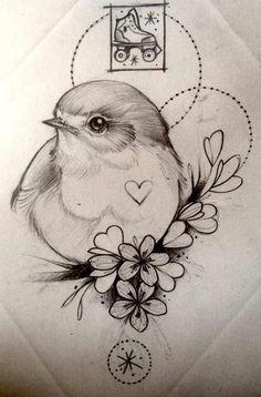 a drawing of a bird with flowers on it