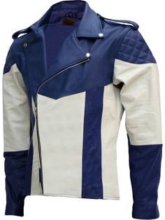 "Elevate your biker style with this handmade men's blue and white leather jacket. Crafted with precision and attention to detail, this jacket exudes both sophistication and edgy flair. The combination of blue and white adds a modern twist to the classic biker jacket design, making it a standout piece in any wardrobe. Whether you're hitting the open road or simply looking to make a bold fashion statement, this jacket is sure to turn heads. Explore more at [Your Brand Name/Store]!" Blue Leather Jacket Men, Luxury Blue Leather Jacket For Streetwear, Blue Biker Jacket For Motorcycling, Blue Moto Outerwear For Motorcycling, Luxury Blue Casual Leather Jacket, White Motorcycle, Cafe Racer Jacket, White Leather Jacket, Biker Leather Jacket