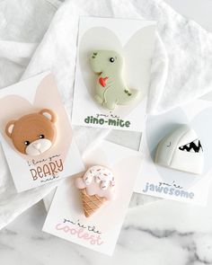 four different greeting cards with animals and ice cream on them, one is for someone