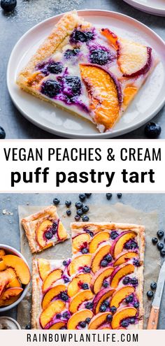 vegan peaches and cream puff pastry tart with blueberries on the side