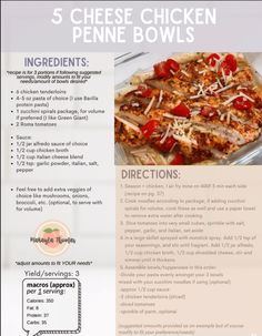 a recipe for chicken penne bowls is shown in this brochure with instructions