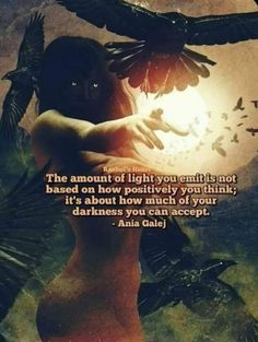 a woman holding a bird in her hands with the words, the amount of light you emit is not based on how positively you think