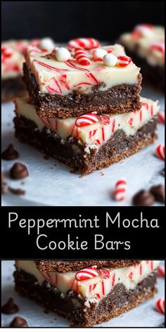 peppermint mocha cookie bars with white chocolate and candy canes on top