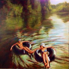 a painting of two people on rafts in the water with trees in the background