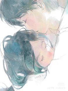 an artistic drawing of two women hugging each other with their heads close to one another