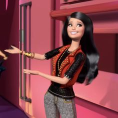 a barbie doll standing in front of a pink wall with her hand on the door handle