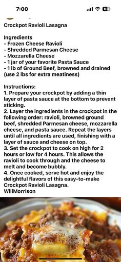 the recipe for crockpot ravioli lasagna is shown in this image