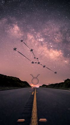 an empty road with stars in the sky and some lines going through it that are connected to two circles