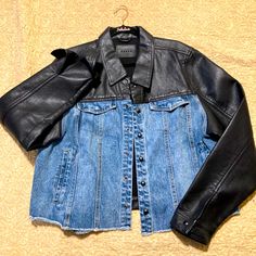 Blanknyc Brand Faux Leather And Denim Jacket. Size 2x New Never Worn No Tags Leather And Denim Jacket, Fall Black Denim Biker Jacket, Black Denim Biker Jacket For Fall, Blazer Ideas, Jean Jacket Diy, Jean Jacket Patches, Leather And Denim, Cotton Lycra Fabric, Unique Jackets