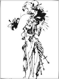 a black and white drawing of a woman with flowers