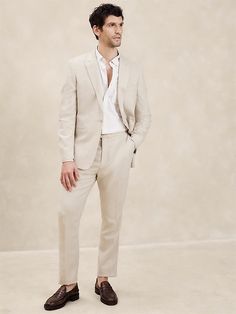 Tailored-Fit Tuxedo Suit Jacket | Banana Republic Factory Tan Suit Casual, Men’s Wedding Suit Linen, Tropical Formal Wedding Attire Men, Groomsmen Linen Suits, Mexico Wedding Attire, Tailored Beige Suit For Spring, Classic Three-piece Suit With Suit Collar For Spring, Semi-formal Tuxedo Suit For Spring, Spring Tuxedo Suit For Semi-formal Occasions