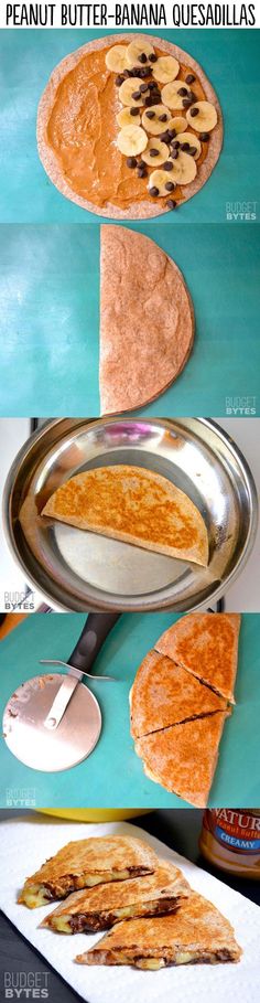 the process of making peanut butter banana quesadillas is shown in three different stages