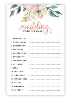 the wedding word scramble is shown with flowers