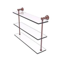 three tiered glass shelf with wooden handles on each side and two metal bars at the top