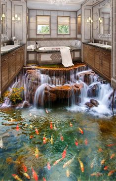 a large bathroom with a waterfall in the middle and goldfish swimming on the floor