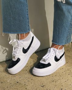 LV Eclipse material adhered to toe boxes and swooshes of Nike AF1. Assembled by DJ ZO Designs Nike Kids Shoes, Nike Leather, Shoe Size Chart Kids, Nike Shoes Air Force, Trendy Shoes Sneakers, Dr Shoes, Jordan Shoes Girls, Music Board, All Nike Shoes