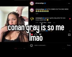 a woman with long brown hair is looking at the camera and has text that reads, coran gray is so me imao