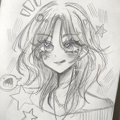 a pencil drawing of a girl with long hair and stars on her head, looking at the camera