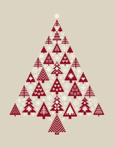 a cross stitch christmas tree pattern in red and white