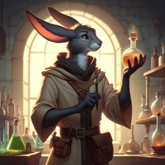 a rabbit dressed as a scientist holding a flask