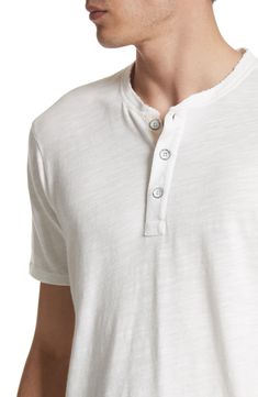 Tape trim reinforces the inner placket of this short-sleeve henley cut from soft slubbed Peruvian jersey cotton, embracing casual everyday style with lasting durability. 28" length (size Medium) Three-button placket Short sleeves 100% cotton Machine wash, tumble dry Imported Summer Henley T-shirt With Button Closure, Henley Neckline T-shirt With Button Closure For Summer, Relaxed Fit Short Sleeve Everyday Henley, Everyday Cotton Henley With Relaxed Fit And Short Sleeves, Summer Short Sleeve Henley With Button Closure, Summer Henley Neckline T-shirt With Button Closure, Everyday Relaxed Fit Short Sleeve Henley, White Henley Top With Button Closure, Summer Cotton Henley With Buttons