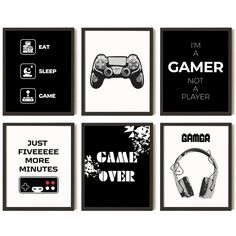 four black and white posters with game controllers on them, one is saying i'm a gamer not player