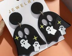 These adorable lightweight earrings are perfect for Spooky Season! Made of acrylic with UV graphic, posts are surgical steel. earrings are 2" x 1.5" Trendy Halloween Earrings As A Gift, Trendy Halloween Earrings For Gift, Trendy Halloween Earrings, Fun Black Hypoallergenic Earrings, Black Hypoallergenic Fun Earrings, Halloween Cute Ghost, Ghost Earrings, Halloween Cute, Surgical Steel Earrings