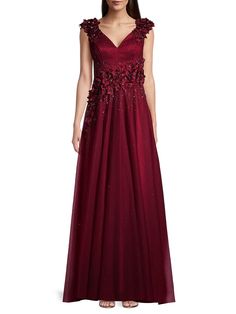 Shop Mac Duggal Floral Applique A-Line Gown | Saks Fifth Avenue Embellished Gown, Mac Duggal, A Line Gown, Floral Applique, Tall Model, Halter Formal Dress, Model Measurements, Red Formal Dress, Saks Fifth