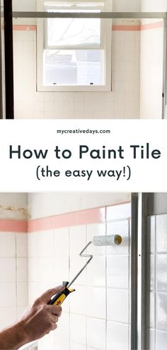 a person holding a pair of pliers in front of a tiled wall with the words how to paint tile the easy way