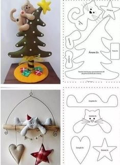 four pictures with different shapes and sizes of christmas decorations, including a cat hanging from a tree