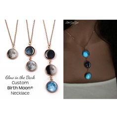 "Glowing Custom Birth Moon® necklace is personalized just for you or your loved one! The glow in the dark moon has a luster finish which makes the moon appear to shimmer magically! Tell us a date that is special to you (birthday, anniversary, adoption, memorial, etc) and we'll create a moon phase charm from that night.  This necklace can have 1, 2, 3 or 4 moons - perfect for mom for Mother's day for each kid's birthday. IT GLOWS IN THE DARK: We've used a very high quality long lasting glow mixtu Moon Phase Chart, Glow In The Dark Birthday, Birth Moon, Birthday Moon, Dark Birthday, Mothers Day Necklace, Lunar Phase, Gold Link Chain, Dark Moon