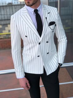 Stenos Slim-Fit Double Breasted Blazer in White-baagr.myshopify.com-suit-BOJONI Social Style, Dinner Suit, Suits Men Business, Summer 19, Dress Suits For Men, Designer Suits For Men, Men Suit, Green Suit, Slim Fit Blazers