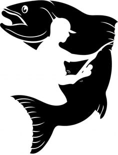 a black and white silhouette of a fish holding a fishing rod