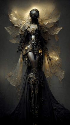 a woman dressed in black and gold with wings